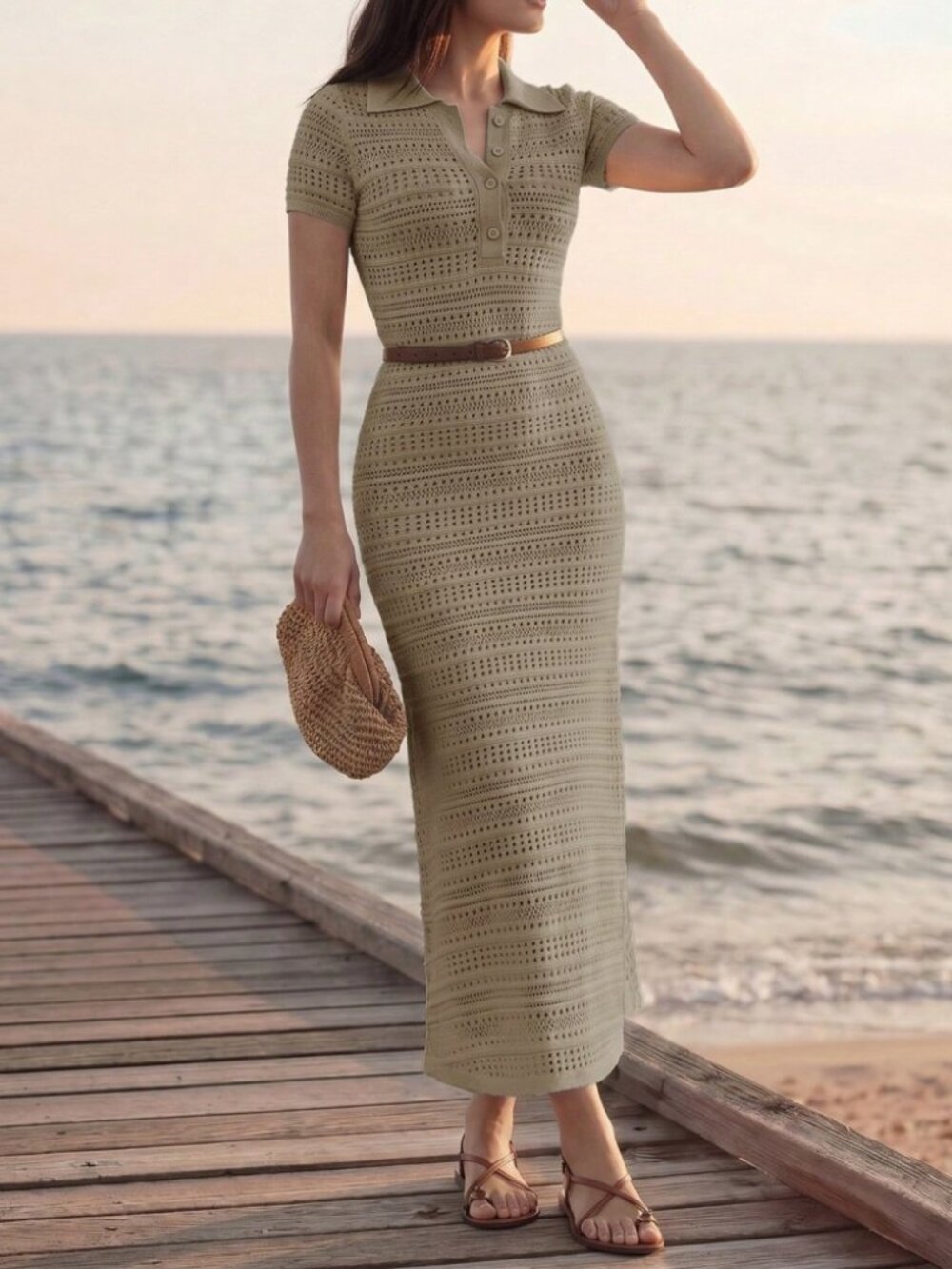 Tan Crochet Knit Polo Maxi Dress with Button Placket